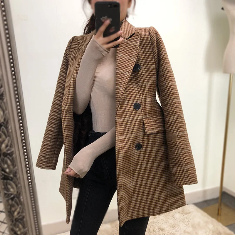 Coffee color Клетчатые блейзеры женская куртка шерстяной маленький костюм куртка Женский Ретро свободный длинный двойной двубортный костюм женский шерстяной пиджак - Цвет: Coffee color