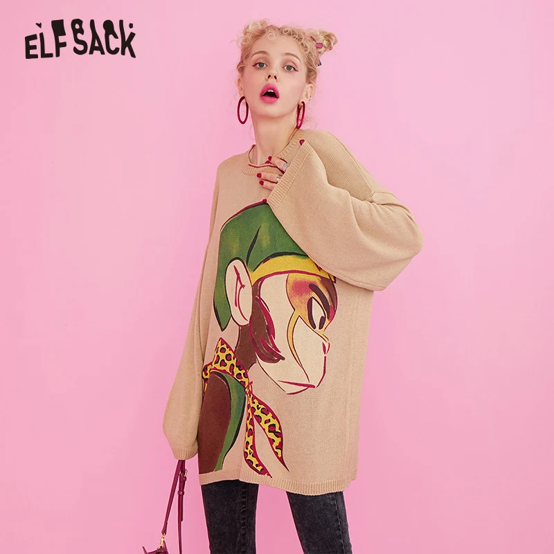 ELFSACK женские свитера с мультяшным принтом, осень, круглый вырез, повседневный уличный сверхразмерный Женский вязаный Топ, корейские пуловеры в стиле панк