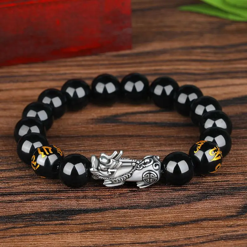 

Black Obsidian Stone Buddhism Six Words Pixiu Bead Bracelet Lucky Amulet Jewelry