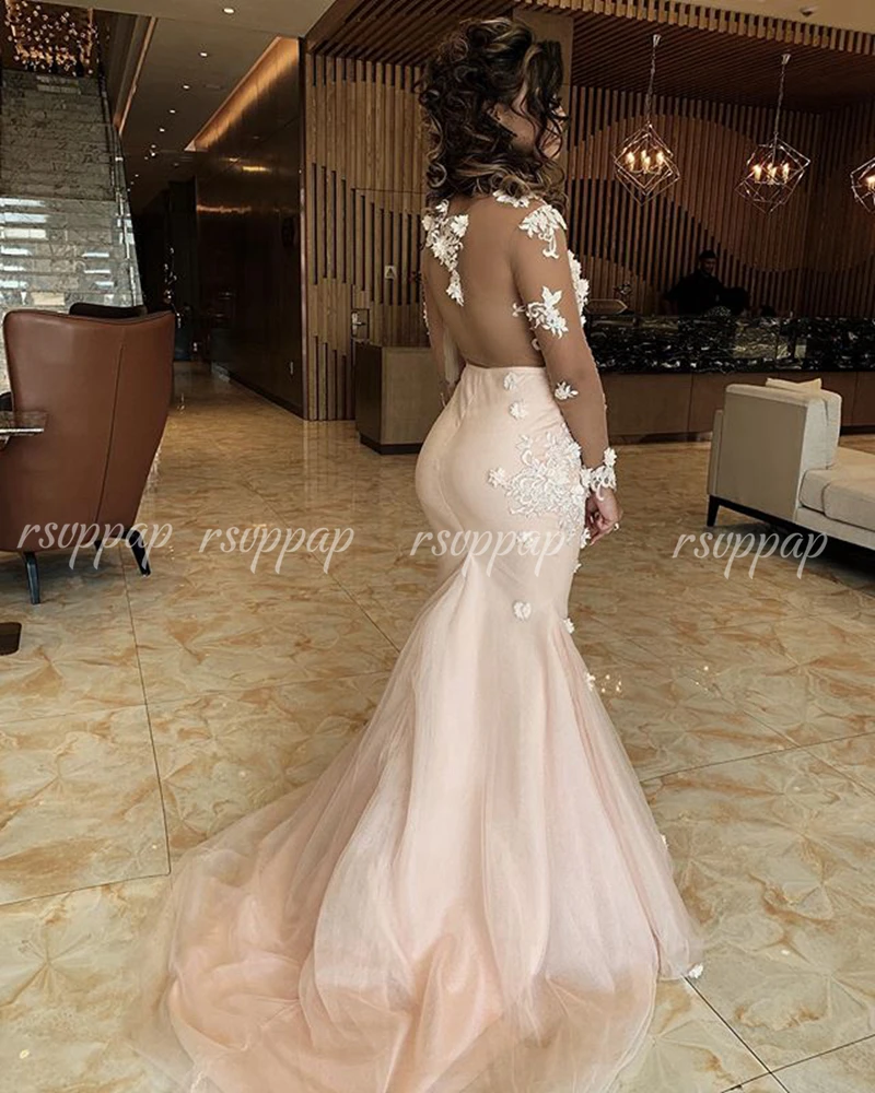 

Long Dresses Evening Sexy Sheer Long Sleeve 3D Lace Flowers African Women Mermaid Formal Party Evening Gowns