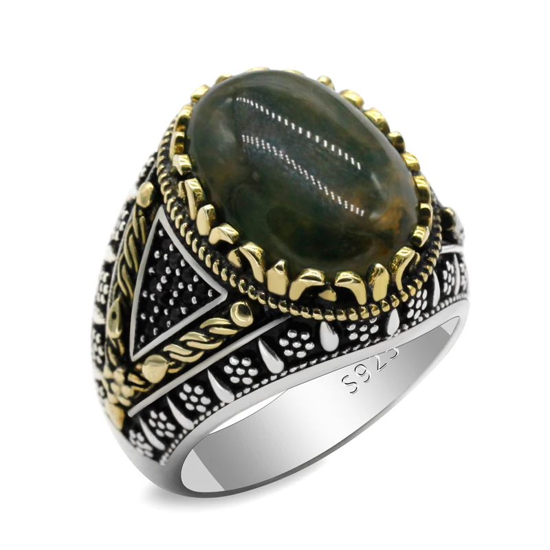 

New Oval Natural Indian Agate Stone 925 Silver Men's and Women's Fashion Ring Jewelry Turkish Punk Trend Engagement/Wedding Ring