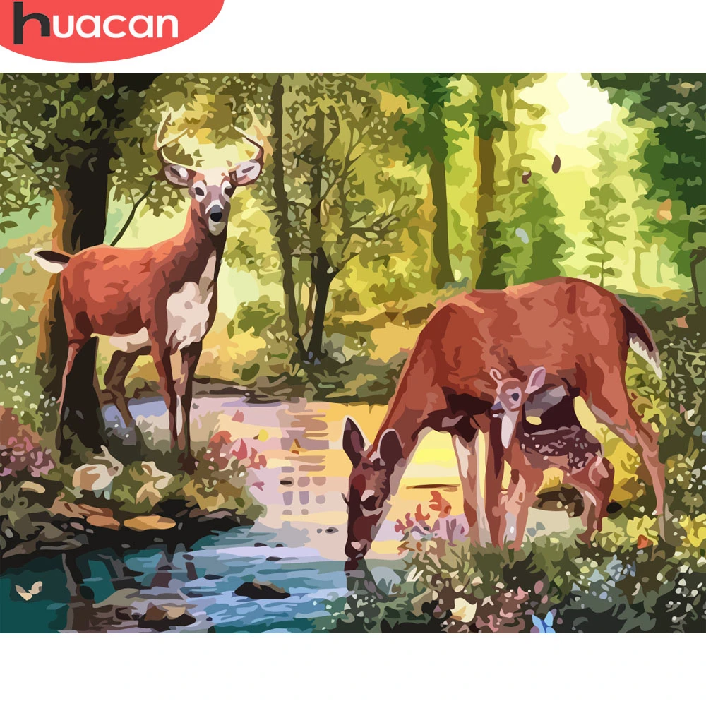 

HUACAN краска по номеру животное Настенная картина по номеру олень лес Рисование холст акриловая ручная краска ed подарок домашний декор