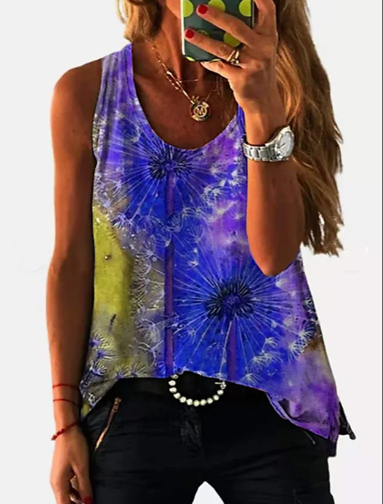 

New Top Women's Sexy O-Neck Sleeveless T Shirt Printing Short-sleeved Shirt Fashionable Summer Beach Vest Plus Size Clothing