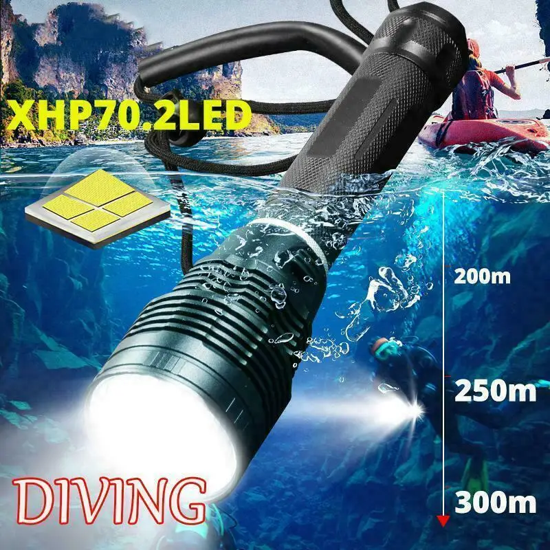 

Водонепроницаемый Профессиональный Мощный супер яркий светодиодный фонарик XHP70 IPX8 для дайвинга, фонарик для дайвинга, светодиодный подвод...
