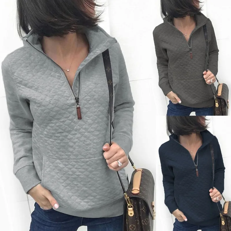 

Fall and Winter Fashion Pocket Zipper Long Sleeve Sweatshirt 2019 Turn-down Collar Dark Grey Navy Blue Sweatshirt Women