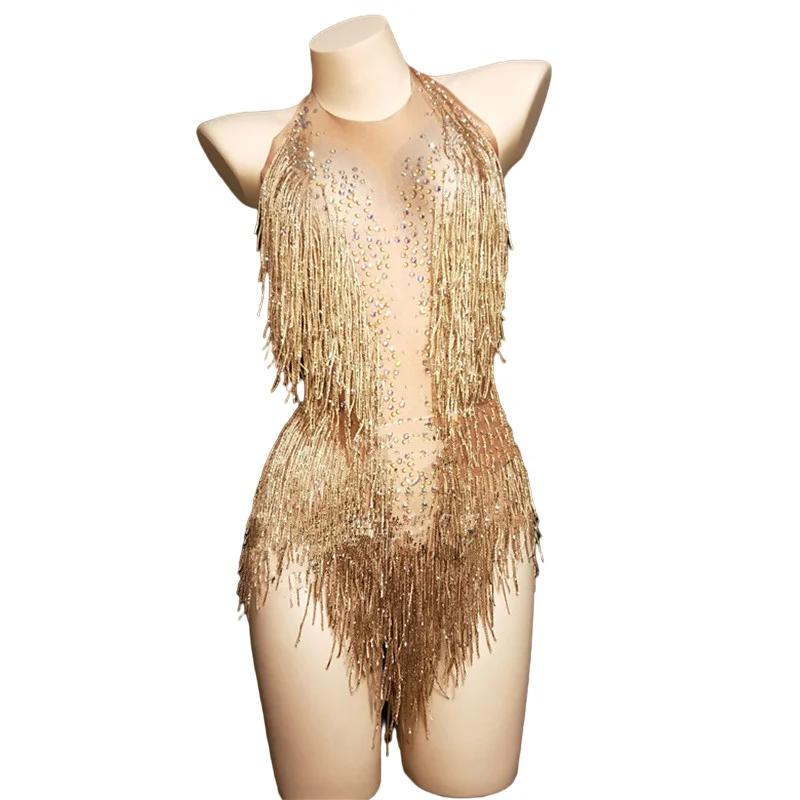 Женское боди с кисточками и кристаллами золотистого цвета | Тематическая одежда