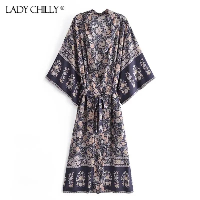 

Lady Chilly Bohemian Oversized Loose Fit Floral Print Cotton Boho Chic Kimonos Blusas Female Sashes Cover Ups Lady Long Robes