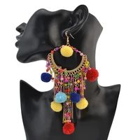 colorful pom pom long tassel super large pendant drop earrings vintage boho ethnic exaggerated brinco earr oorbellen jewelry