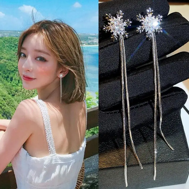 Серебряный Новый темперамент длинный кулон женский Снежинка серьги супер фея