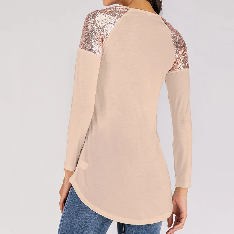 Модная Осенняя футболка для женщин топ с блестками круглый вырез Blusa длинным рукавом Женские топы женские футболки WS5024V