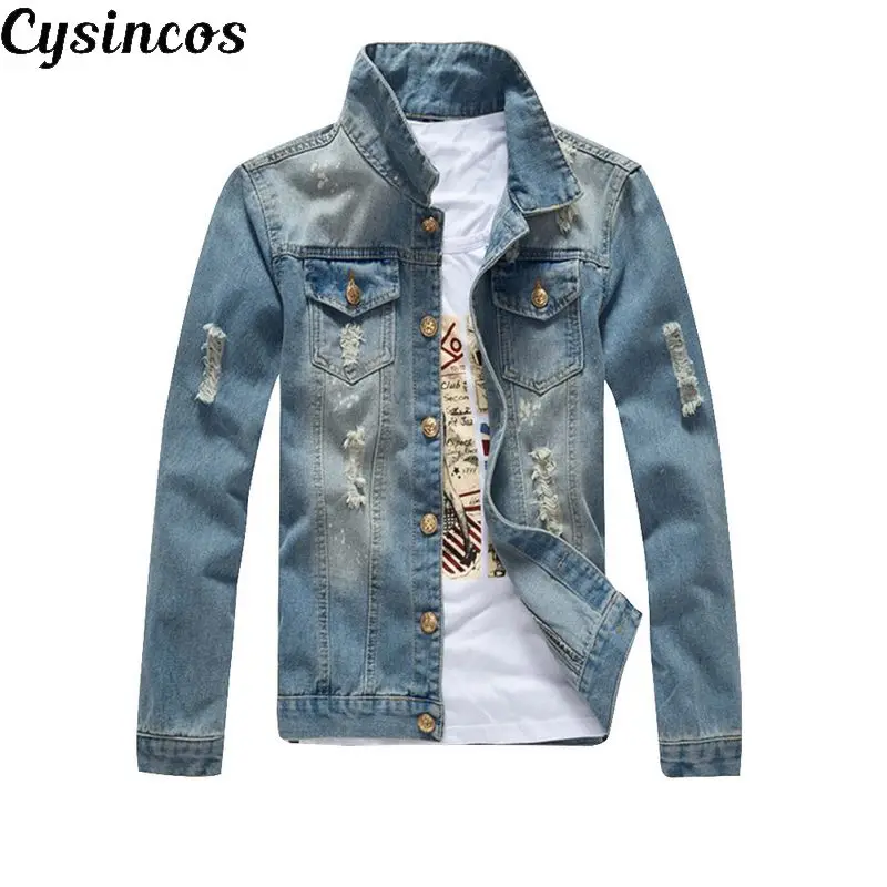 CYSINCOS Новая Осенняя джинсовая куртка с дырками мужские рваные ковбойские куртки