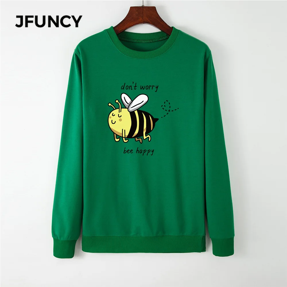 

JFUNCY Plus Size Women Hoodies O-Neck Long Sleeve Female Pullover Woman Casual Hoody Bee Happy Print Autumn Mujeres Sweatshirt