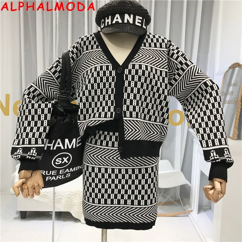 ALPHALMODA Ретро стиль геометрический узор v образный вырез Свободный кардиган +