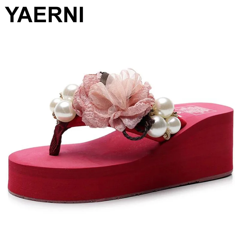 

YAERNI 6cm High Heel Women's Summer Pearl Korean Slope with Flip-flops Women's Platform Sandals Vacation Travel Sandals Womans