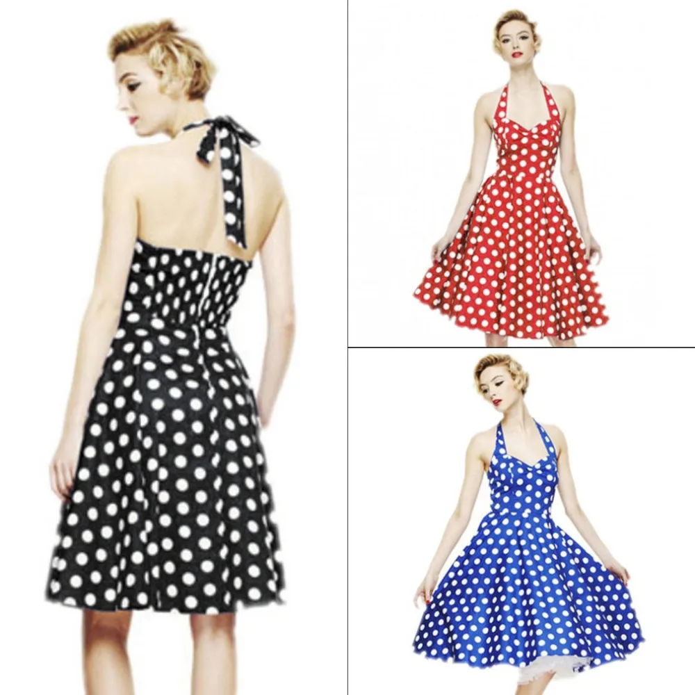Женское винтажное платье в горошек красное бальное без рукавов с лямкой на шее и