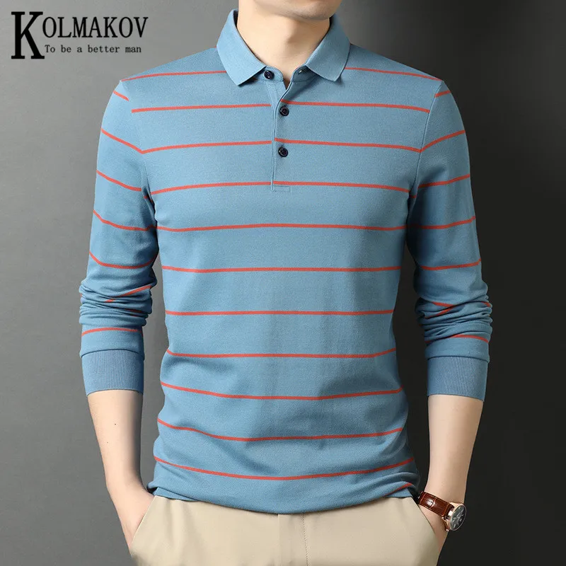 

KOLMAKOV Spring Young Men's Cotton Long-Sleeved T-Shirt Stripe Coat Lapel T - Shirt Matching Color Casual Bottom Shirt