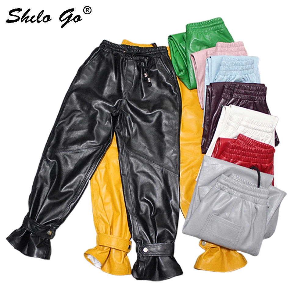 Штаны из натуральной кожи многоцветный шнурок талии оборками шаровары женские