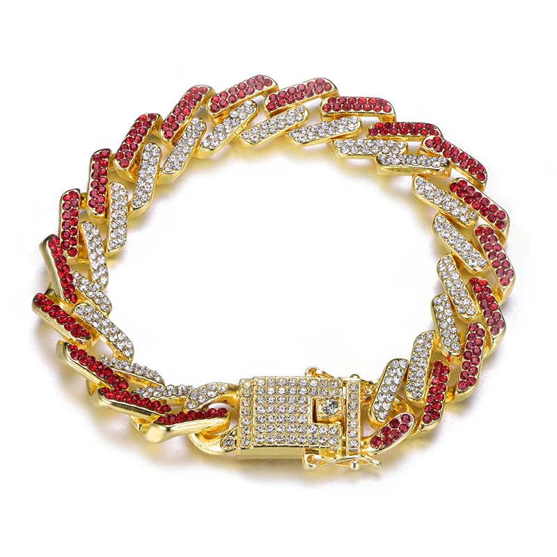 gold red bracelet D&Z, 13 мм, в стиле хип-хоп, со льдом, Bling, циркониевые, в стиле Майями, кубинские звенья, ожерелья-цепочки для мужчин, модные ювелирные изделия, 1 комплект, Прямая поставка - Окраска металла: gold red bracelet