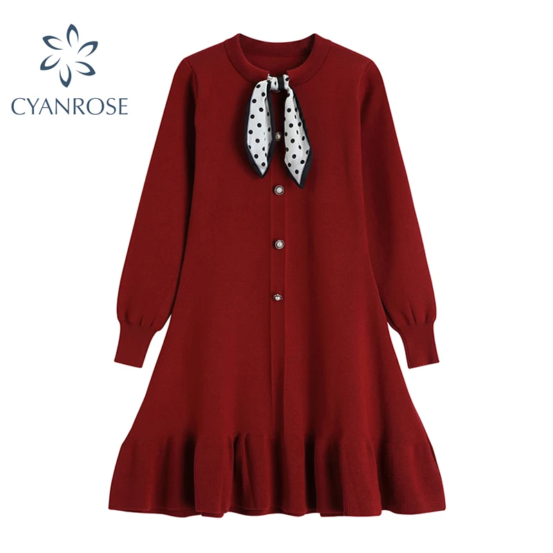 Винтажные вязаные платья шелковый шарф бандажный воротник длинный рукав-фонарик