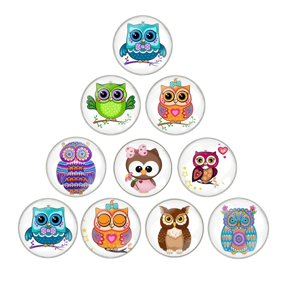 

Cute Animal Owl Paiting 10pcs Mixed 12mm/18mm Round Photo Glass Cabochon Demo Flat Back Making Findings Jewelry