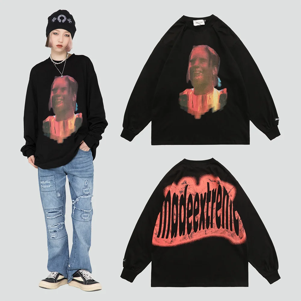 

Oversized t Shirts Men Hip Hop Harajuku Graffiti Letter Portrait Print Long Sleeve t Shirts Streetwear Casual Rock Gothic Tops