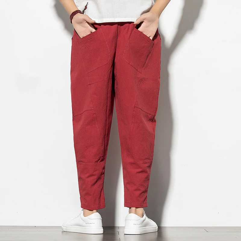 

Men's Summer Cotton Linen Cropped Cross Pants Fashion Baggy Casual Loose Big Pocket Pants Drawstring Trousers Male