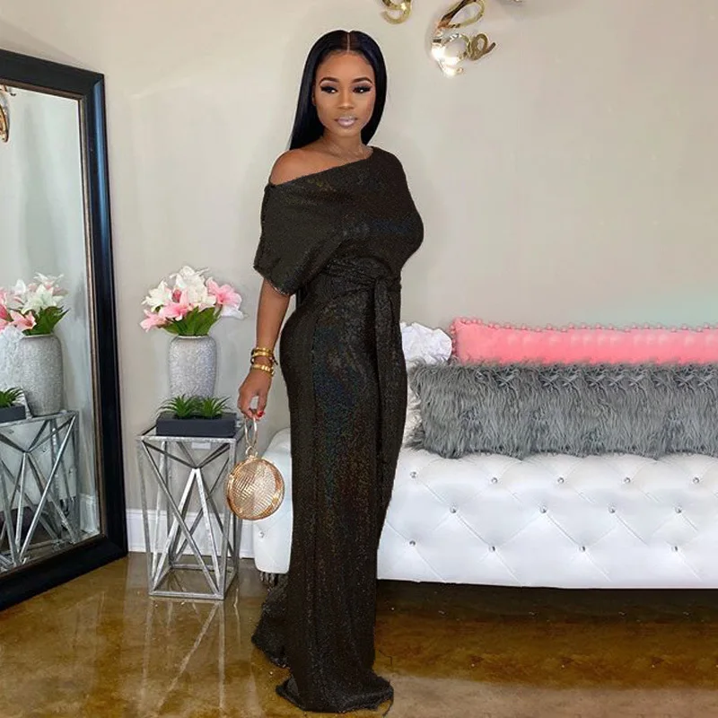 Women's Short-sleeved Party Evening Set Noble Elegant Sequin Overalls Belted Jumpsuit Banquet Romper Costume Shiny Jumpsuit