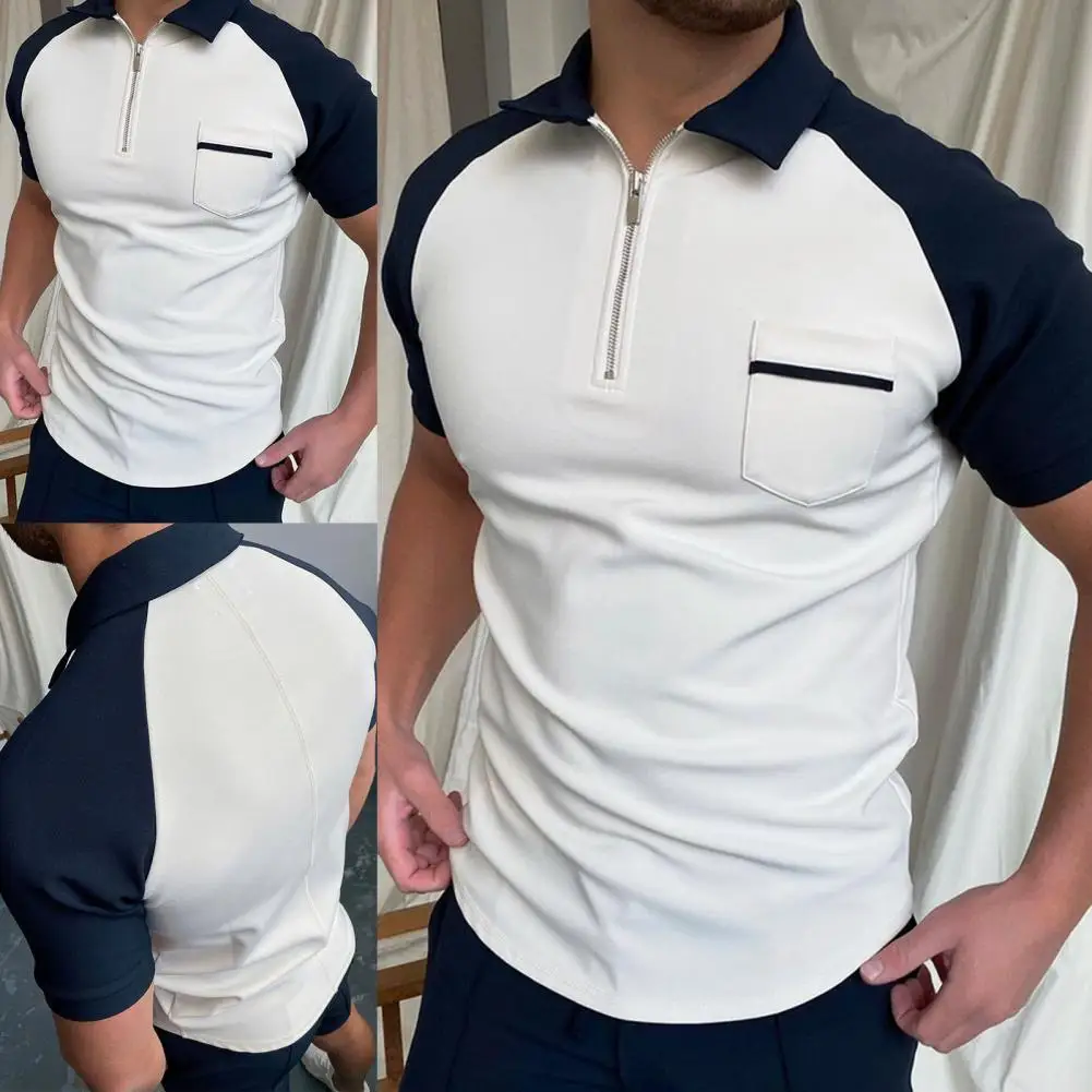 

Men T-shirt Color Block Zipper Summer Loose Lapel Pocket Top for Dating