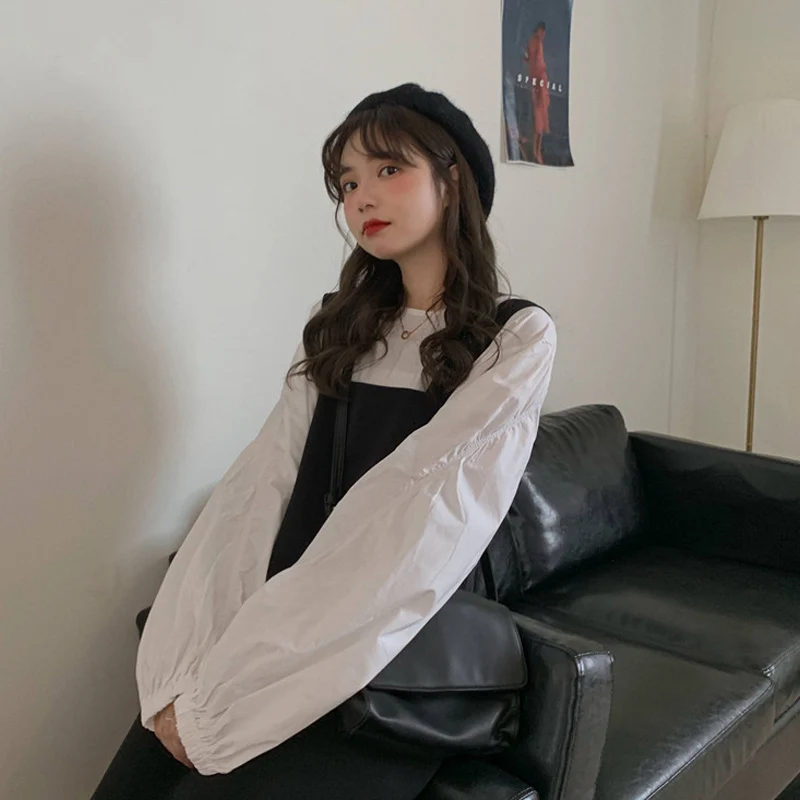 

Women's Dress 2021 Spring/Summer New Korean Style Loose All-Matching Graceful Shirt + Solid Color Suspender Dress Two-Piece Suit