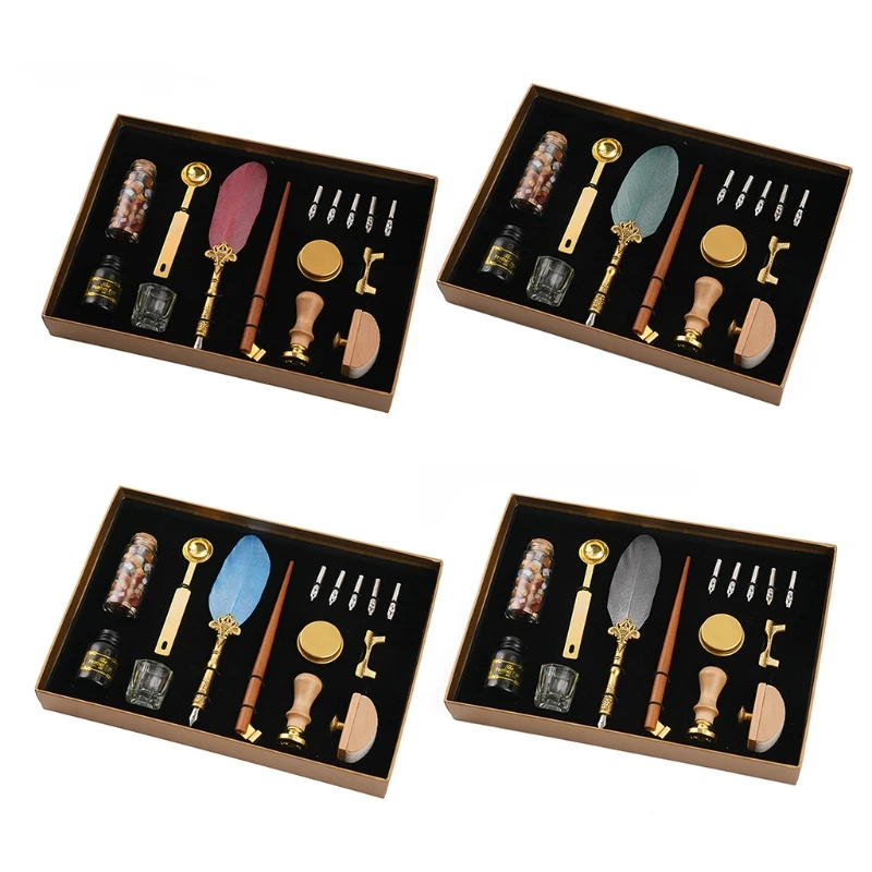

2021 New Retro Calligraphy Quill Feather Dip Pen with Nibs Wax Seal Stamp Holder Gift Box