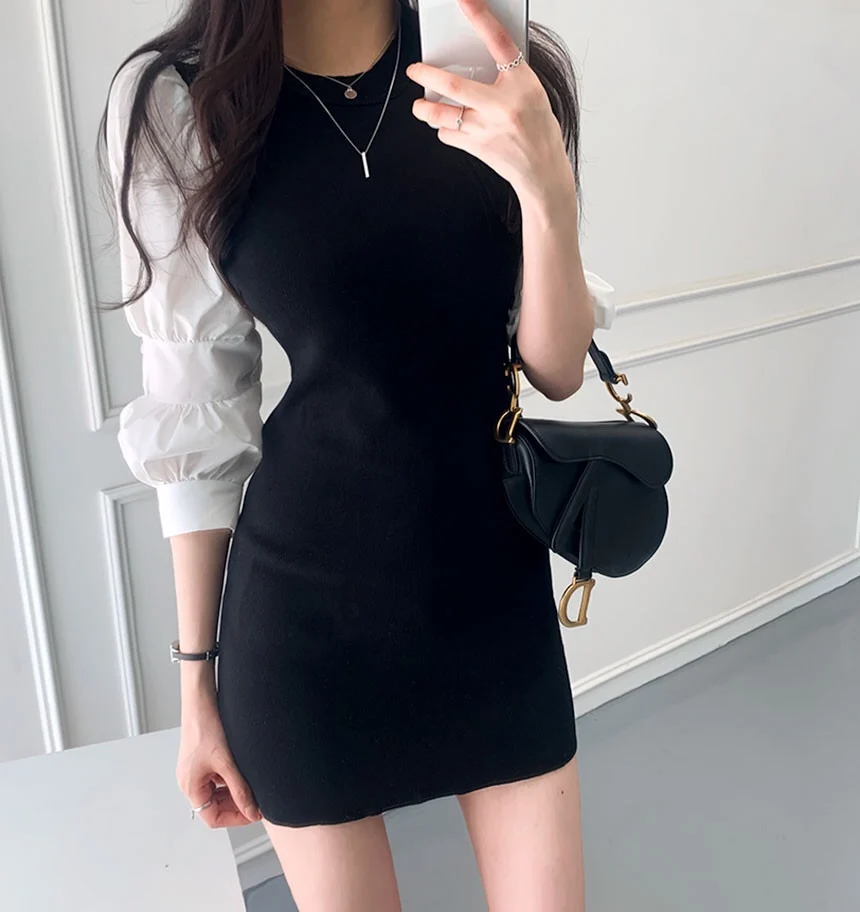 

French Style Slimming Temperament Hip Skirt Long-Sleeved Top 2021 New Women's Retro Puff Sleeve Patchwork Knitting Dress