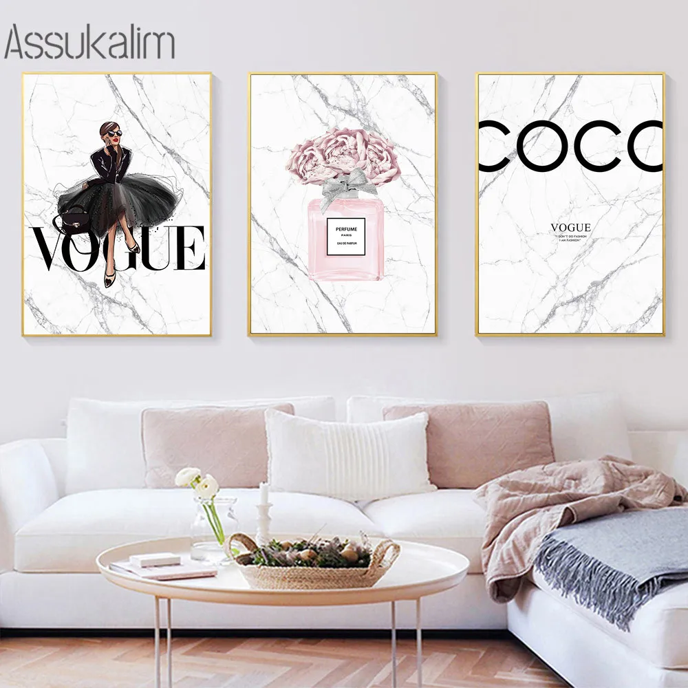 Модный плакат с флаконом духов Картина на холсте искусство стену мраморным