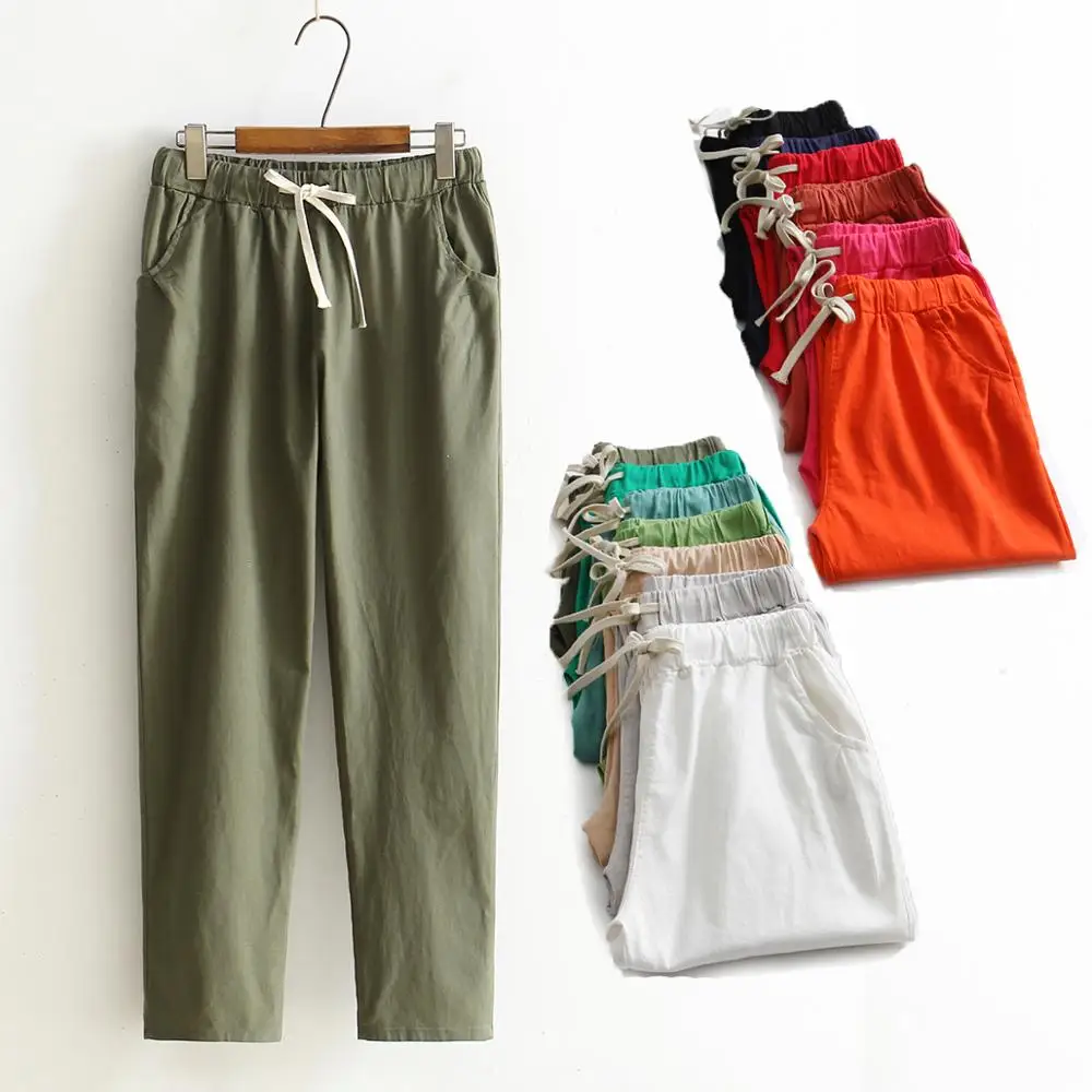 Брюки женские прямые из хлопка и льна модные повседневные штаны свободного