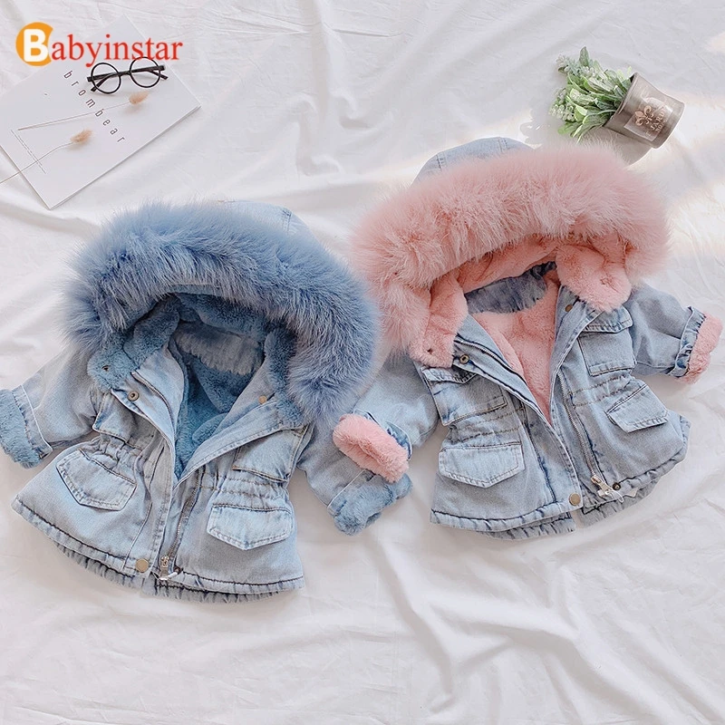 Babyinstar/новые зимние От 1 до 5 лет с большим меховым воротником Джинсовая куртка