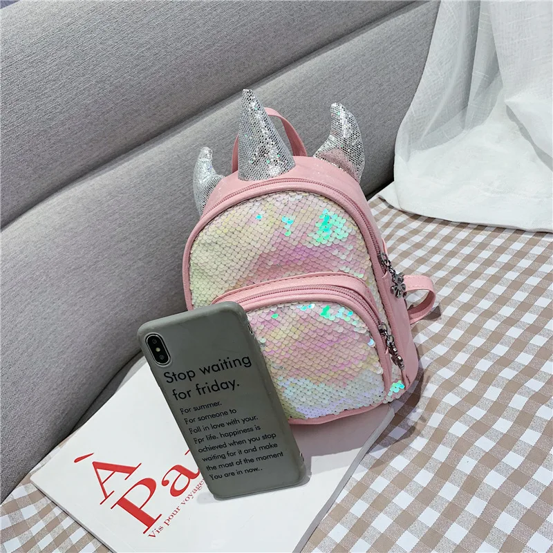 Kindergarten Kids Backpacks PU Leather Bags for Girls Sequin Shoulder Bags Cute Cartoon Children School Bags Mini Girl Backpacks