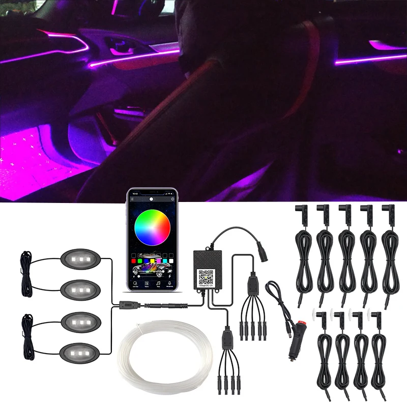 

12V App RGB Auto Decorative Dashboard Door Atmosphere Lights Car Neon Strip With Cigarette Lighter LED Interior Ambient Light