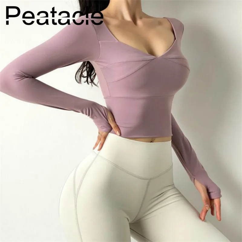 

Спортивный топ Peatacle с нагрудными подушечками, женская рубашка для йоги, быстросохнущая футболка с длинным рукавом, для бега, фитнеса, тренир...