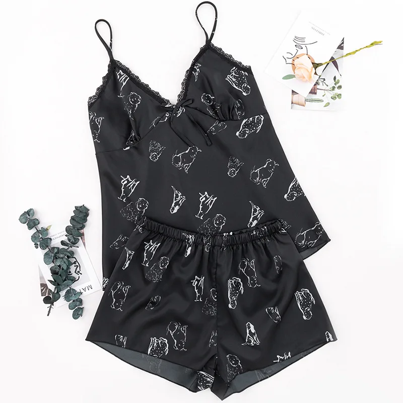 

Summer Printed Black Satin Pajamas Sleepwear Ice Silk Sleeveless Sling Shorts Homewear Women's Nightwear Pyjamas Set