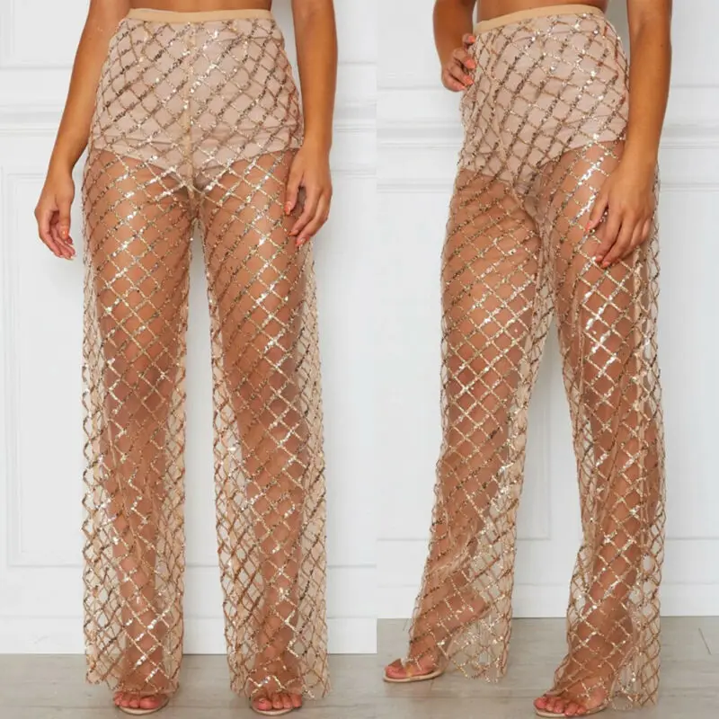 

Goocheer Sexy Fashion Loose Women Crochet Beach Wide Leg Pants Lace See Through Swimwear Beach Trousers