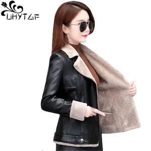 UHYTGF модная кожаная куртка для женщин Роскошные черные меховые плюс бархатные теплые короткие топы зимние пальто женское манто Manteau Femme 934