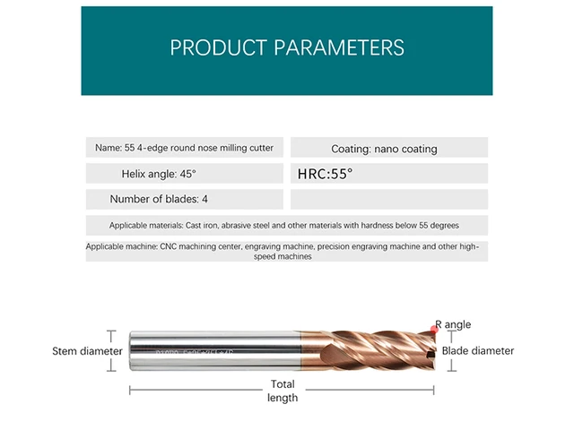 Xuhan hrc50 55 65超硬4フルートミルフライス加工機合金コーティング鋼加工工具CNC加工 Xuhan HRC50 55 65 Carbide 4 Flutes End mill Milling Cutter Alloy