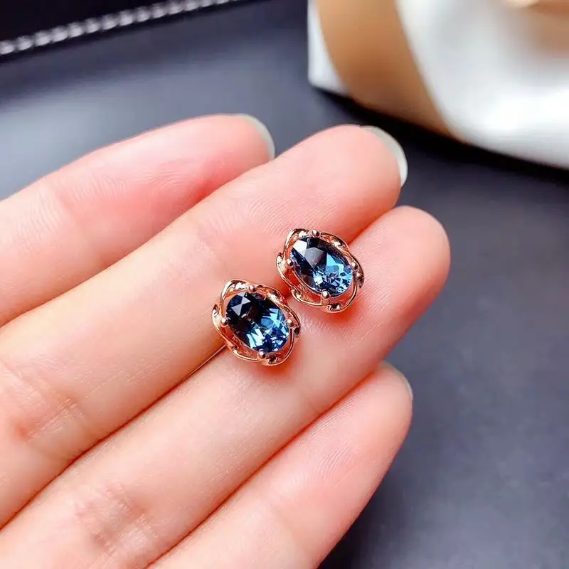 

Noble Temperament Natural London Blue Topaz Stud Earrings 925 Women's Sterling Silver Blue Gem Crystal Earrings Earrings