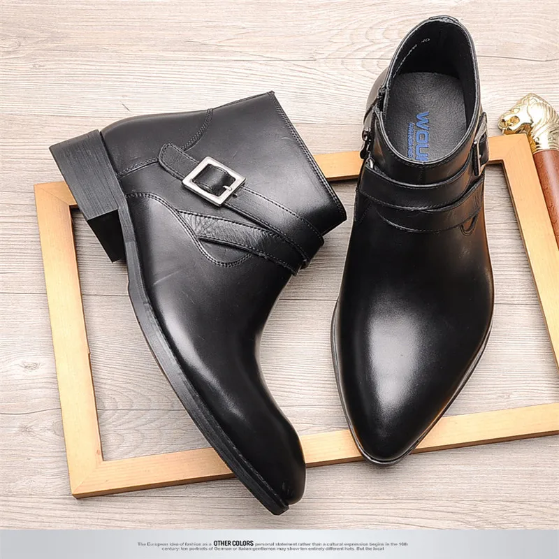 Мужские ботинки на молнии с пряжкой из воловьей кожи острым носком и высоким