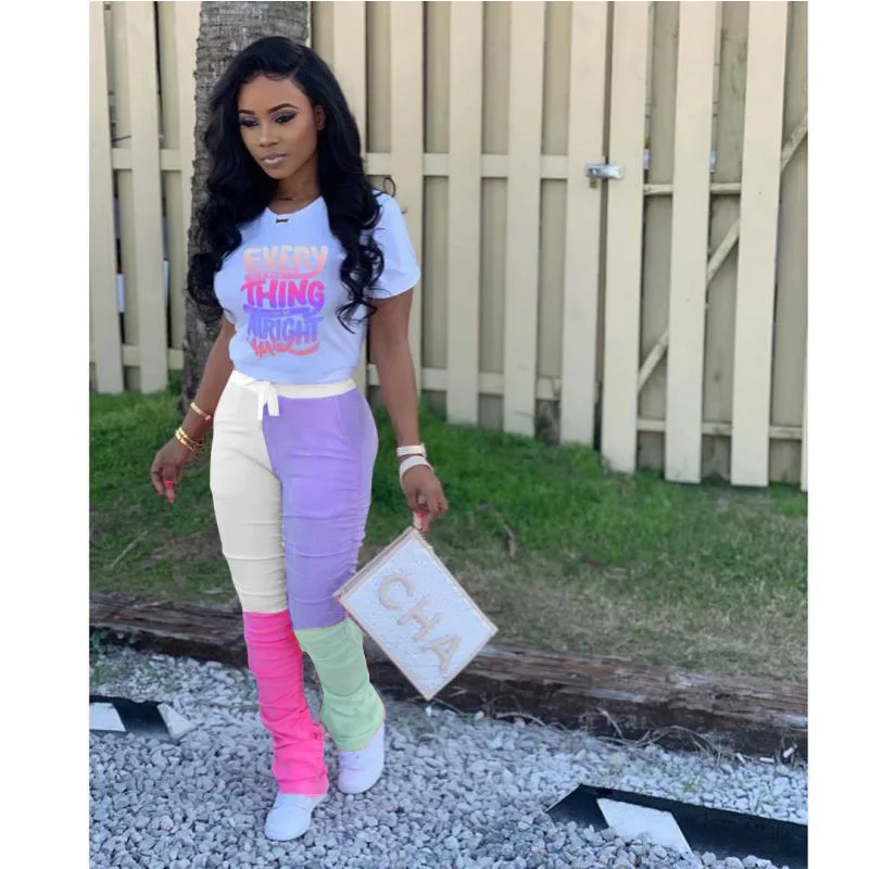 

Patchwork Women Tracksuit 2 Pieces Set In Neon Color Short Sleeve T-shirt Long Draped Pants 2020 Summer Fashion Streetwear S-3XL
