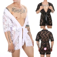 lace bathrobe men sexy long robe nightwear sleepwear kimono nightgown loose bath gown male erotic costume home wear with t back