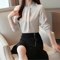 fashion 2022 spring long sleeve folds elegant shirt women korean beige white summer loose chiffon blouse femme