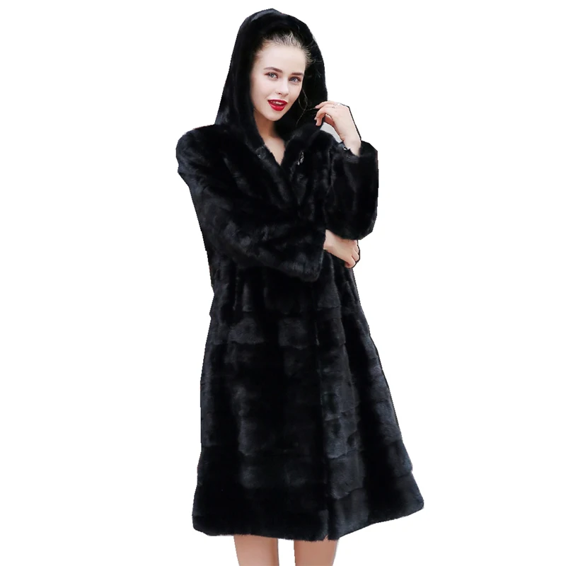 110 см Натуральная норковая шуба куртка с капюшоном зимняя женская меховая