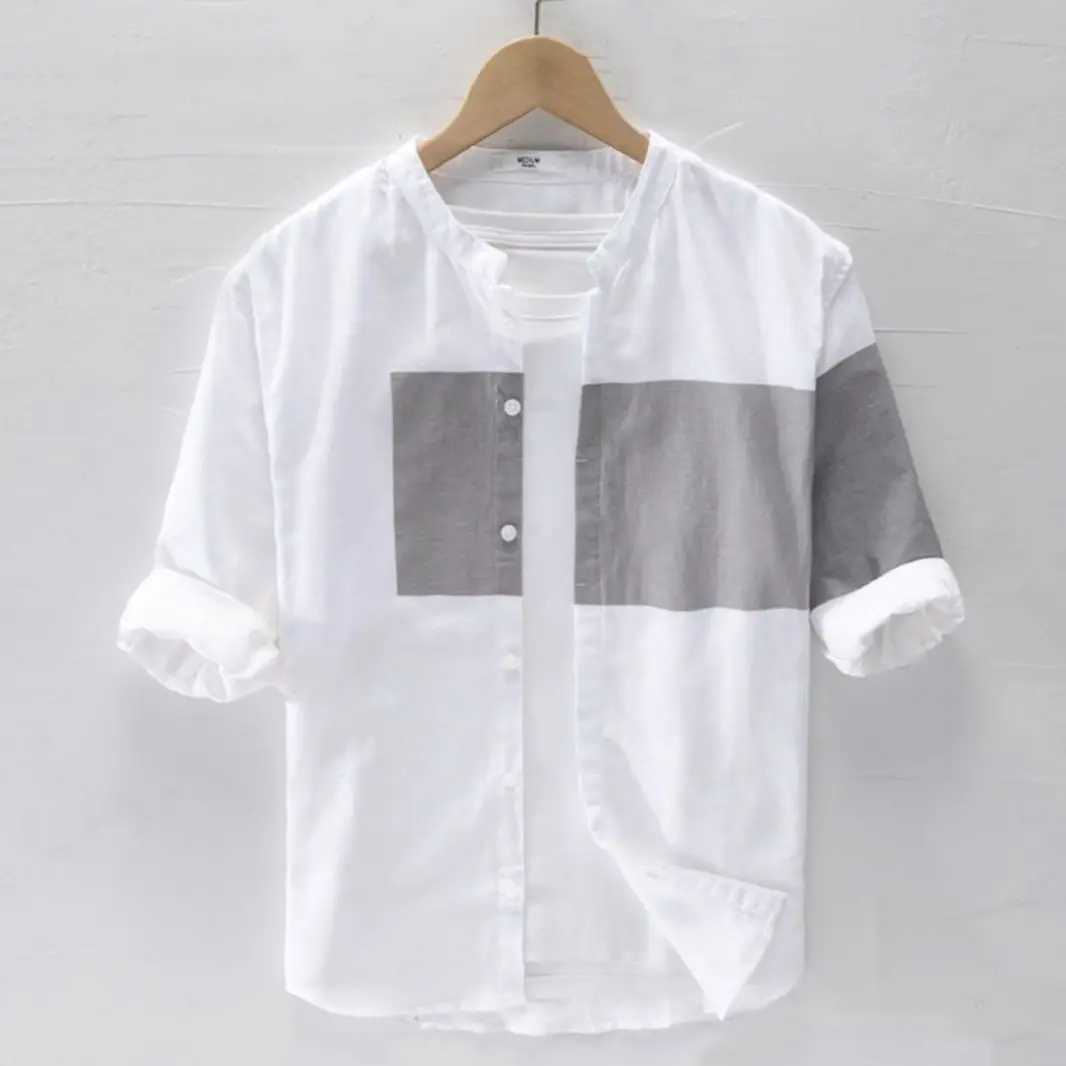 

2021 new color matching stand collar fashion simple shirt casual 7 / 3 sleeve men's shirt Korean fashion men's shirt