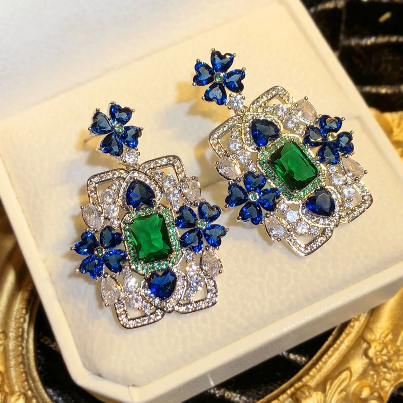 

Lake Blue Crystal Zircon Earrings Heart Shaped Fashion Luxury Flower Square For Women Exaggerated High End Style Jewelry