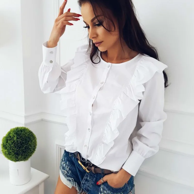 Офисные женские рубашки элегантные с длинным рукавом и круглым вырезом